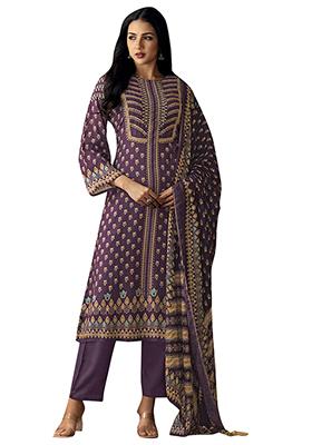 Purple Printed Muslin Dress Material