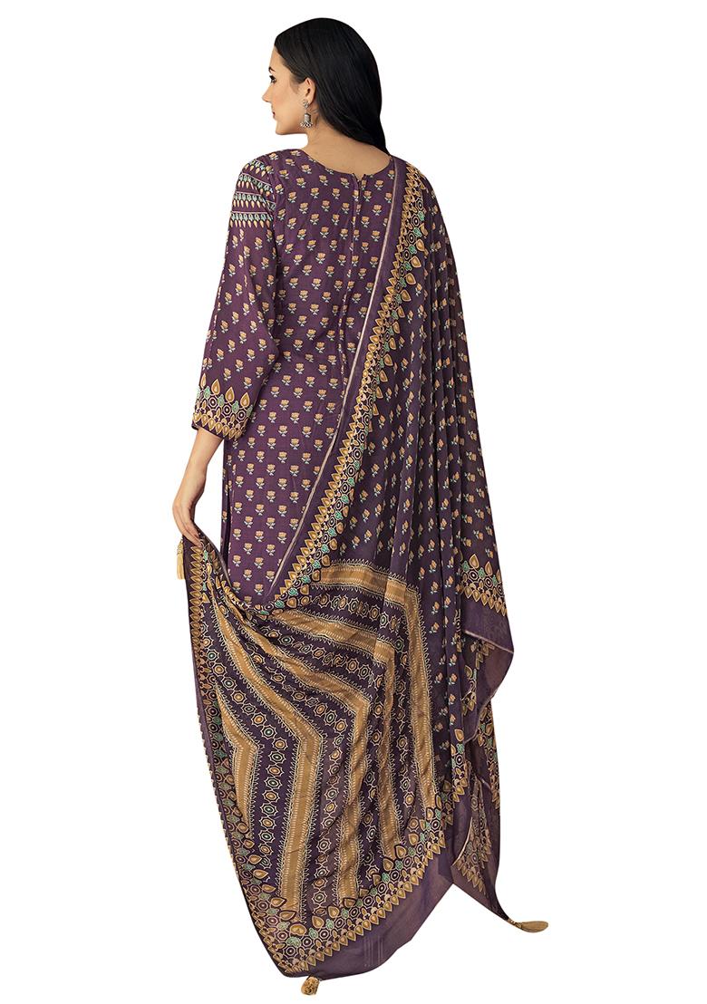 Purple Printed Muslin Dress Material