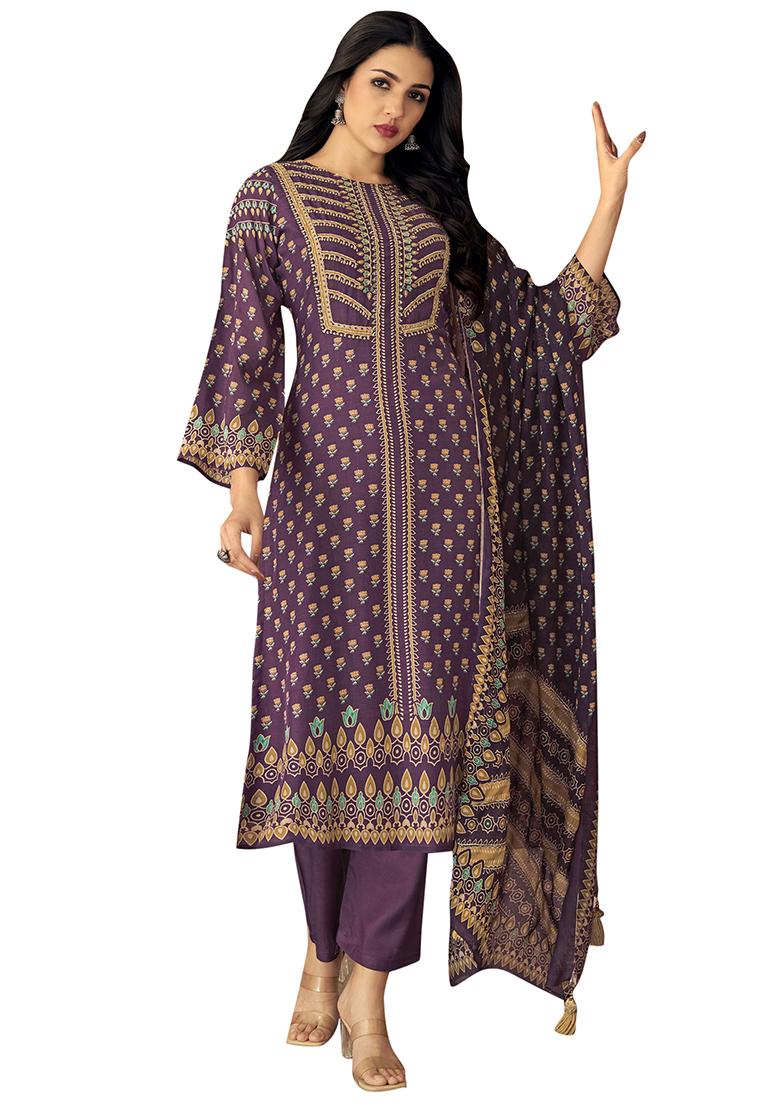 Purple Printed Muslin Dress Material