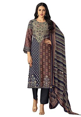 Navy Blue Printed Muslin Dress Material