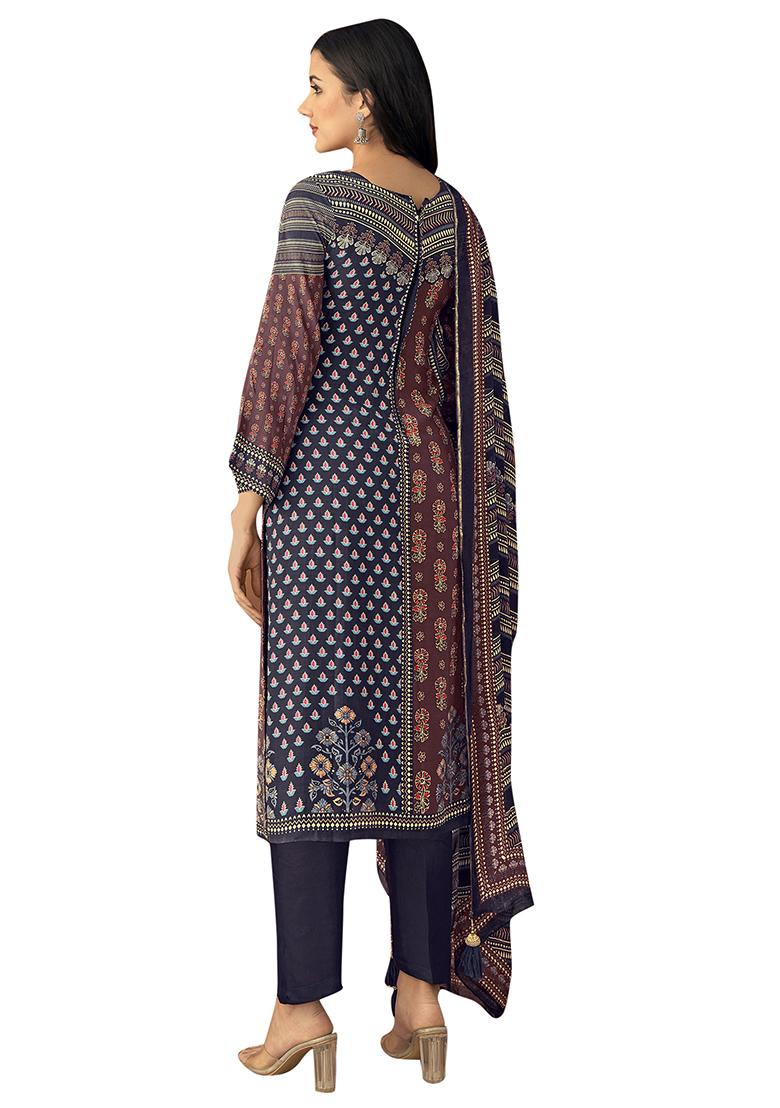 Navy Blue Printed Muslin Dress Material