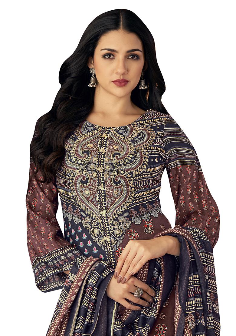 Navy Blue Printed Muslin Dress Material