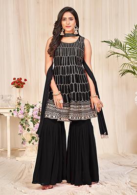 Black Embroidered Georgette Sharara Set