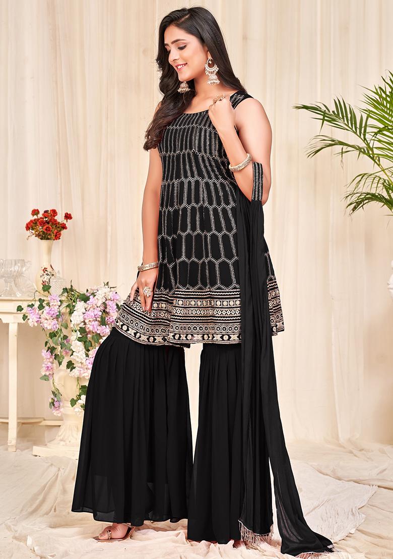 Black Embroidered Georgette Sharara Set