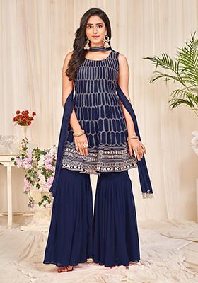 Blue Embroidered Georgette Sharara Set