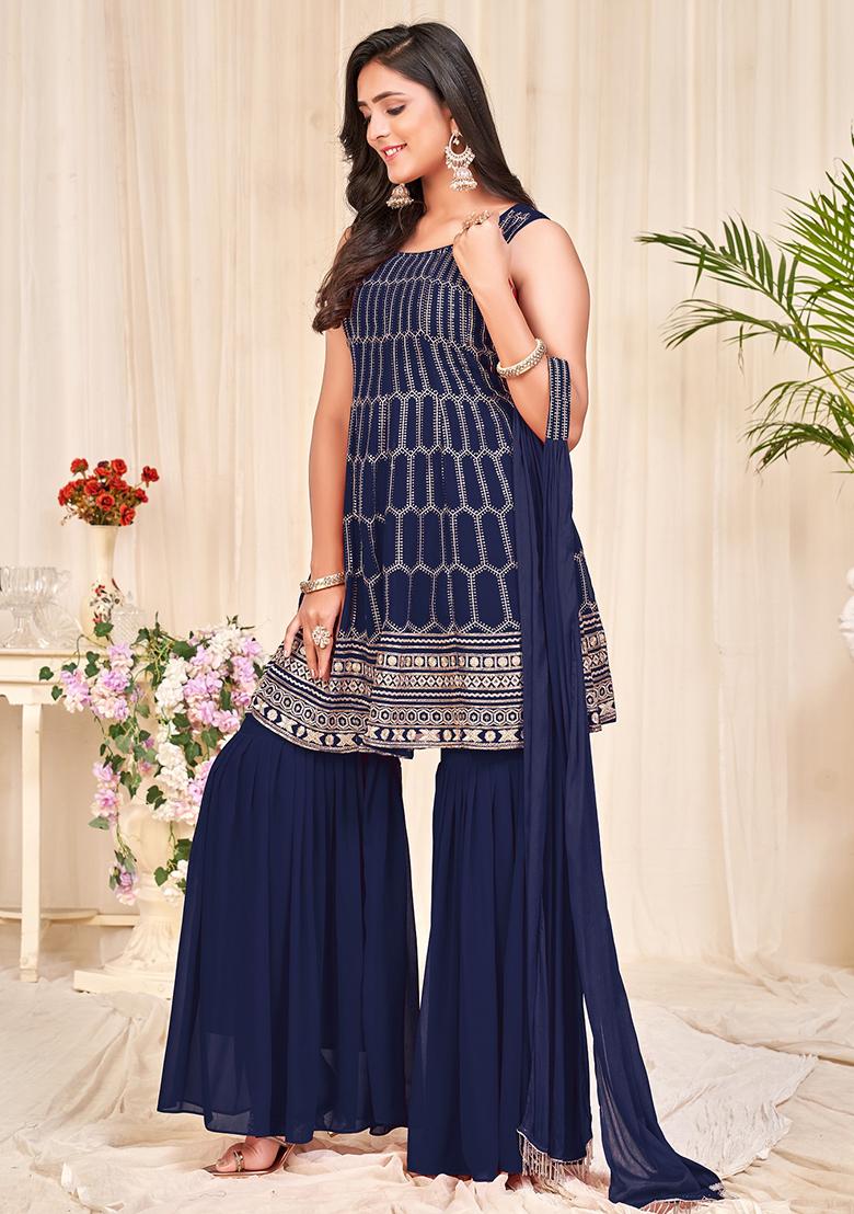Blue Embroidered Georgette Sharara Set