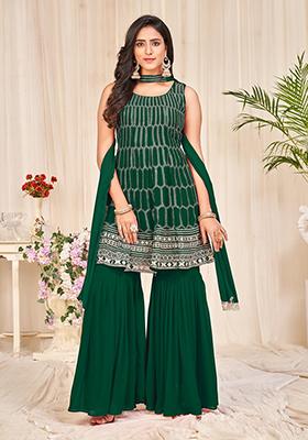 Green Embroidered Georgette Sharara Set
