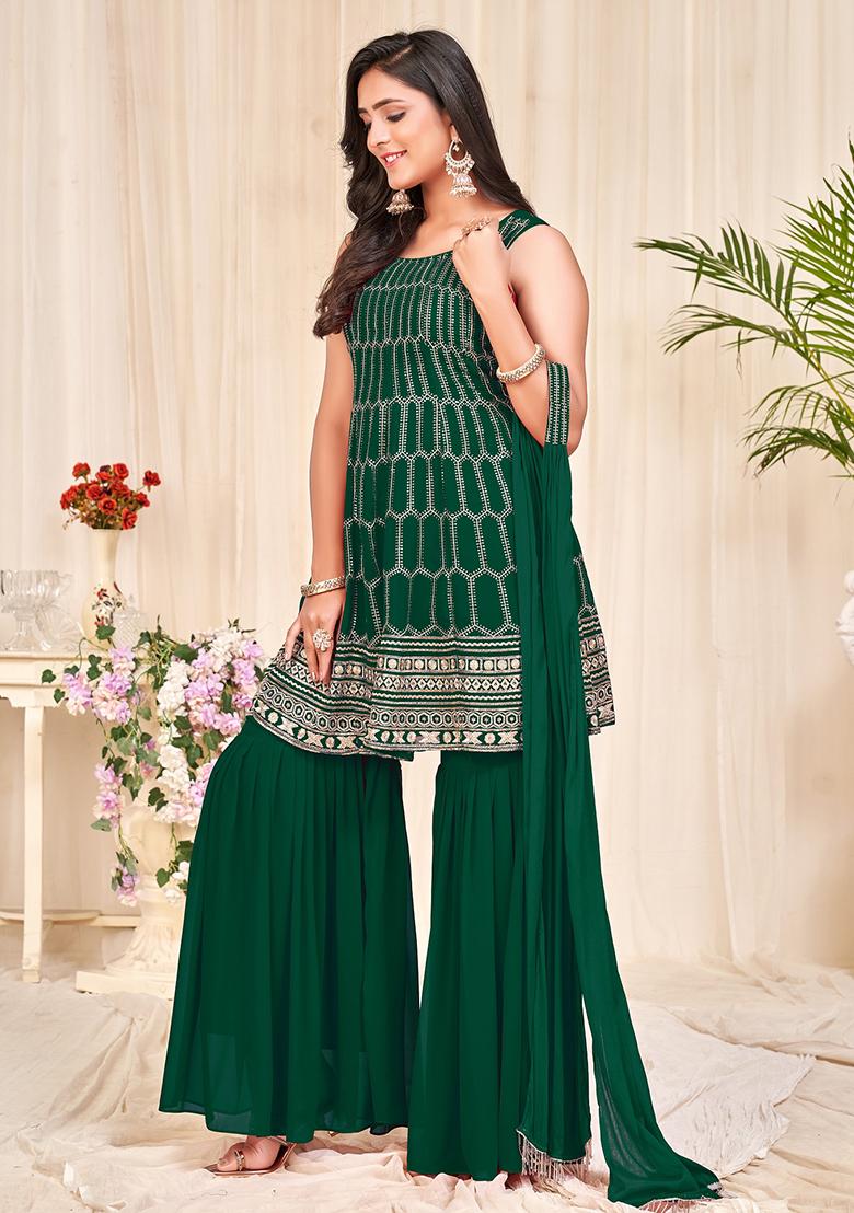 Green Embroidered Georgette Sharara Set