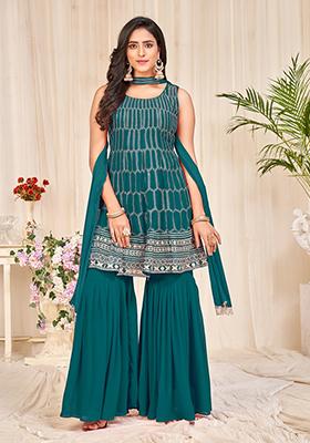 Green Embroidered Georgette Sharara Set
