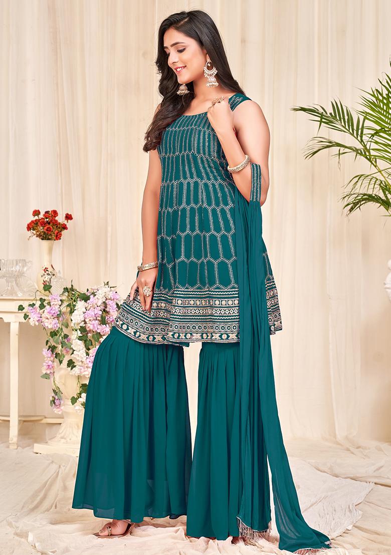 Green Embroidered Georgette Sharara Set