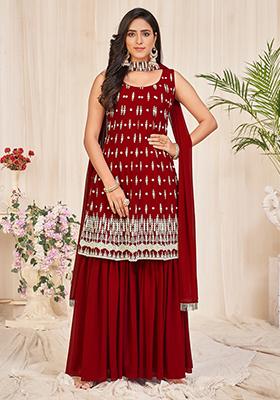 Maroon Embroidered Georgette Sharara Set