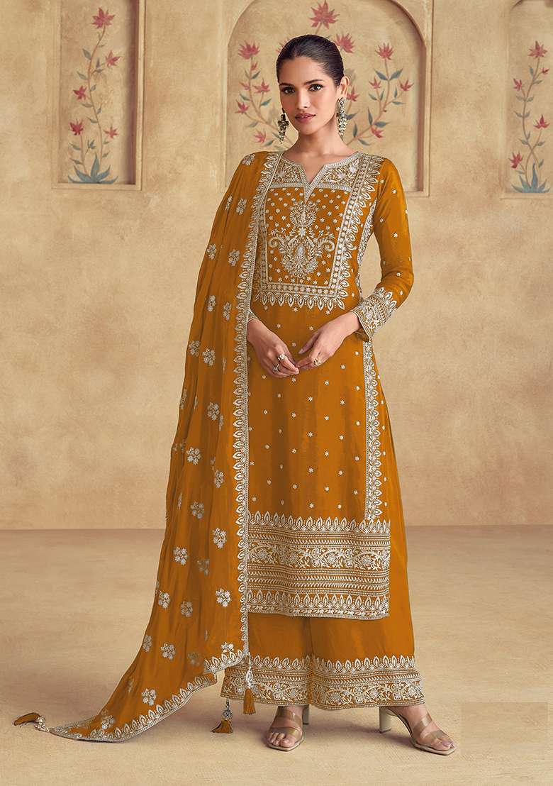Mustard Embroidered Georgette Salwar Kameez - Indya