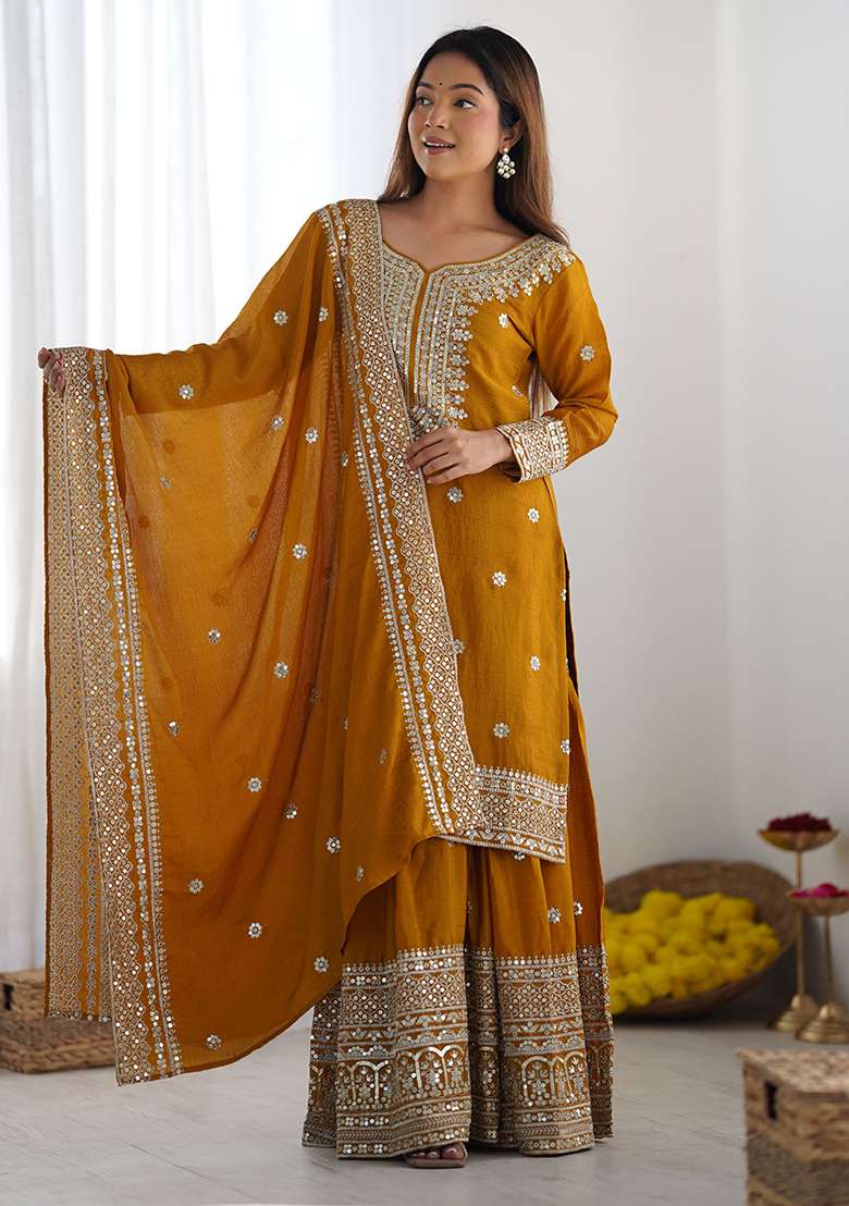 Mustard Embroidered Silk Sharara Set - Indya