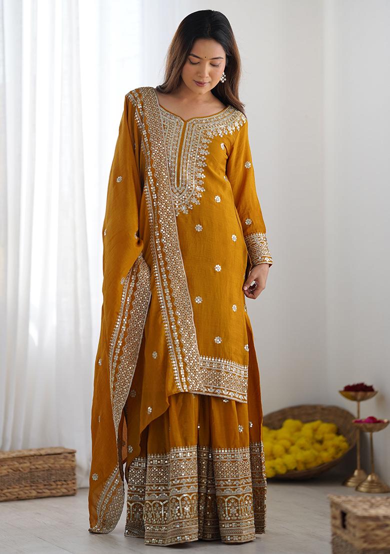 Mustard Embroidered Silk Sharara Set