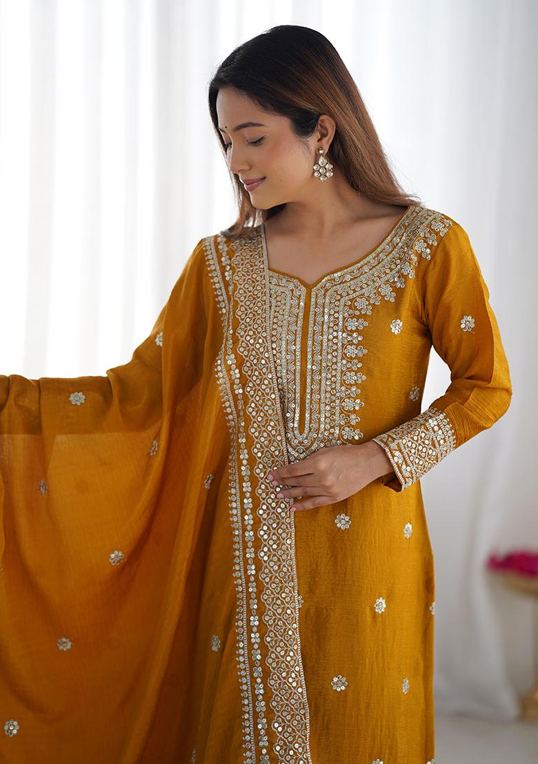 Mustard Embroidered Silk Sharara Set
