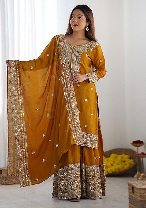 Mustard Embroidered Silk Sharara Set