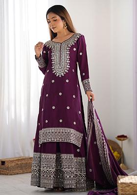 Wine Embroidered Silk Sharara Set