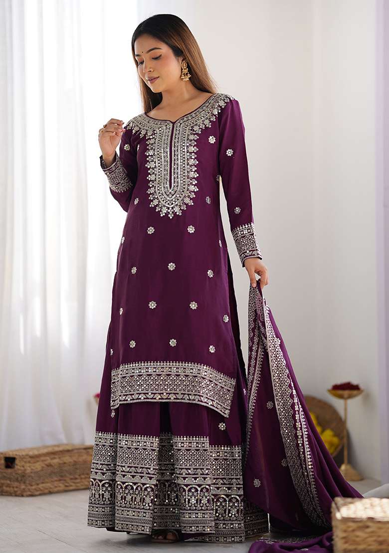 Wine Embroidered Silk Sharara Set - Indya