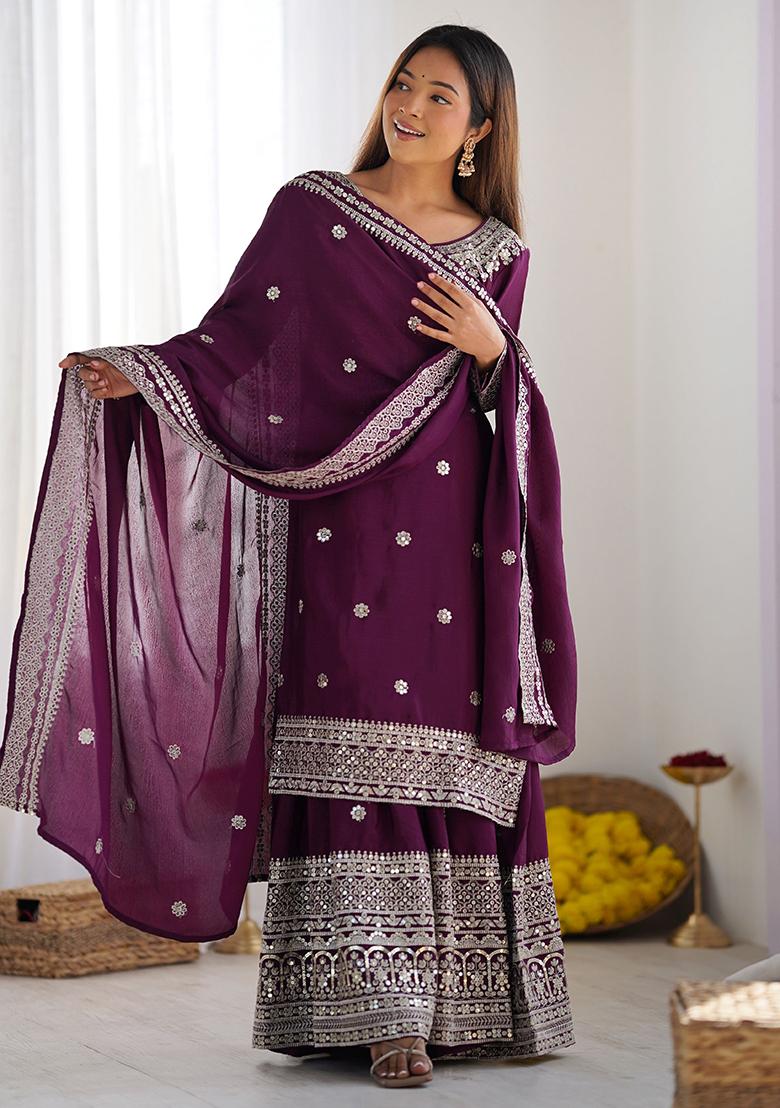 Wine Embroidered Silk Sharara Set