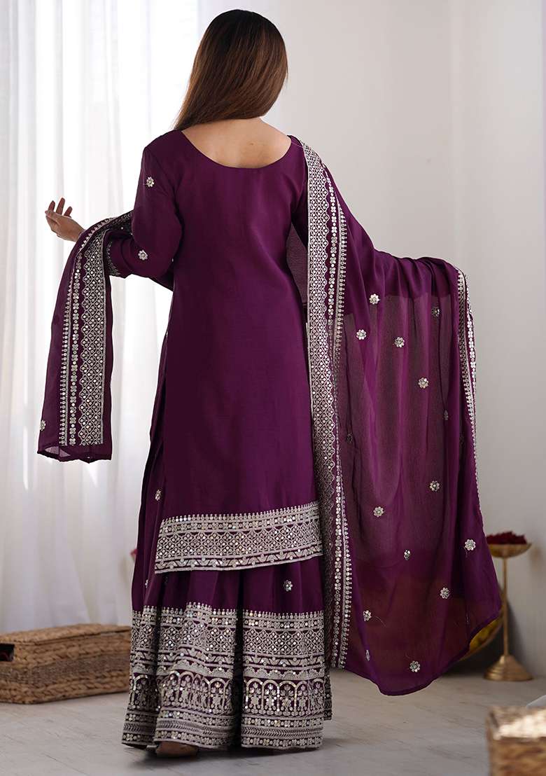 Wine Embroidered Silk Sharara Set - Indya