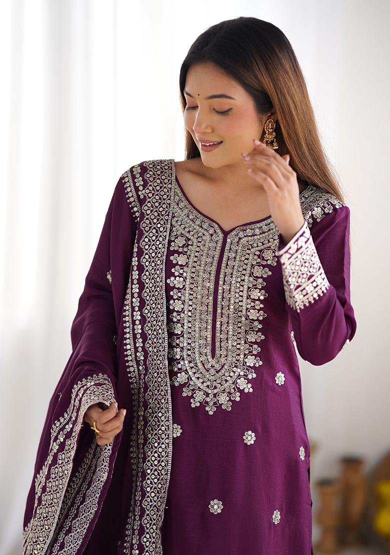 Wine Embroidered Silk Sharara Set