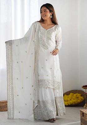 Off White Embroidered Silk Sharara Set