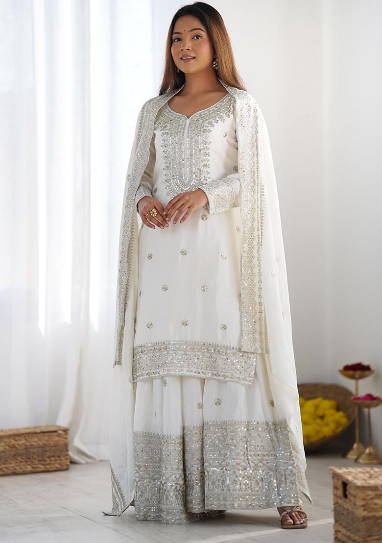 Off White Embroidered Silk Sharara Set
