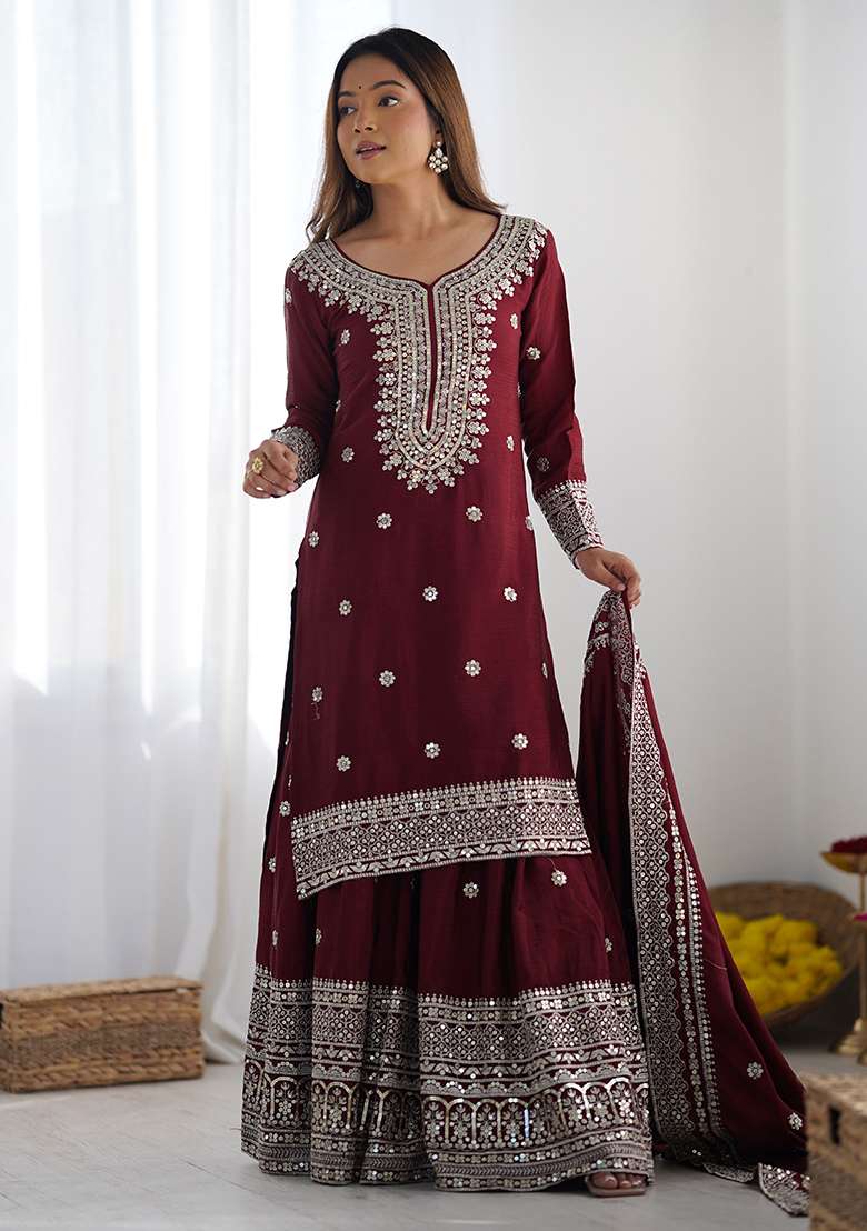 Maroon Embroidered Silk Sharara Set - Indya