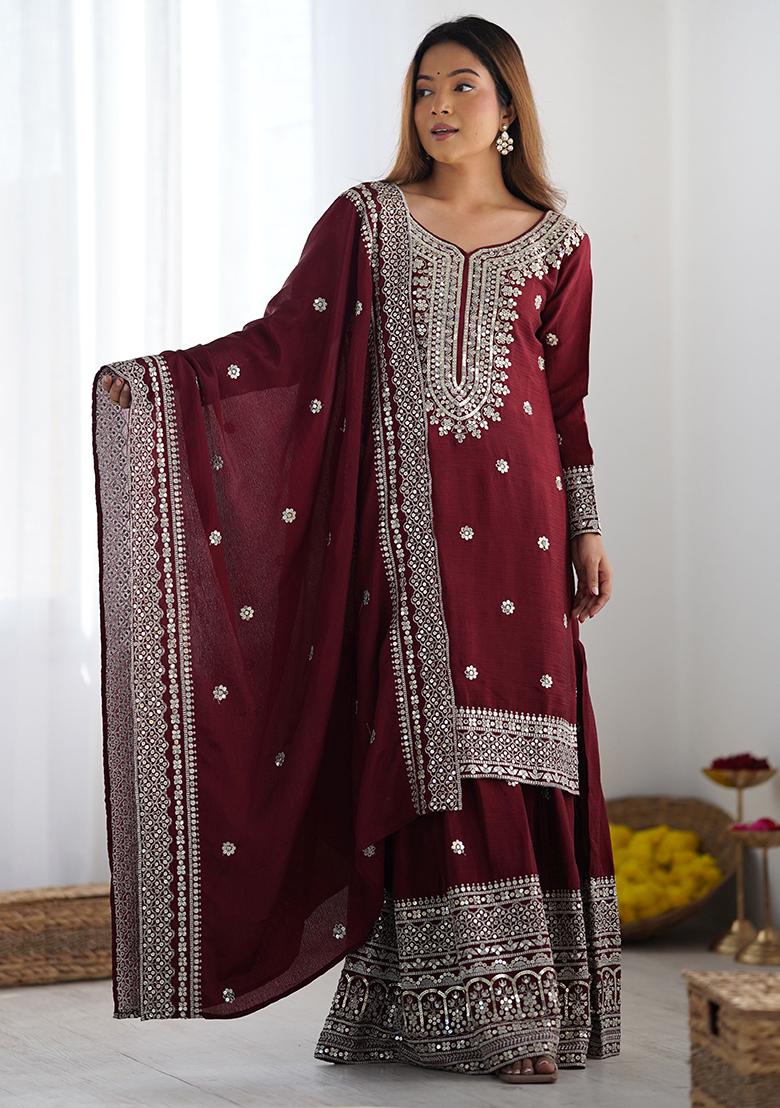 Maroon Embroidered Silk Sharara Set