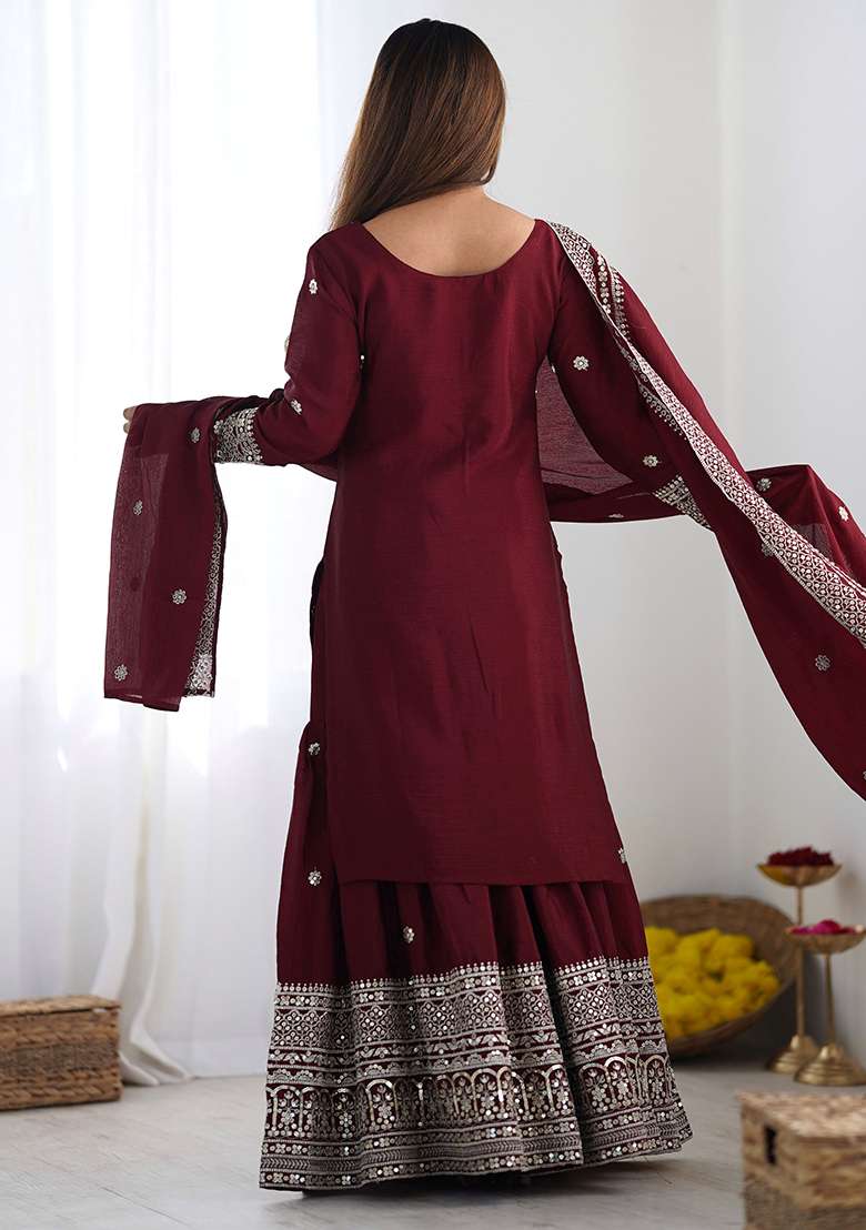 Maroon Embroidered Silk Sharara Set - Indya
