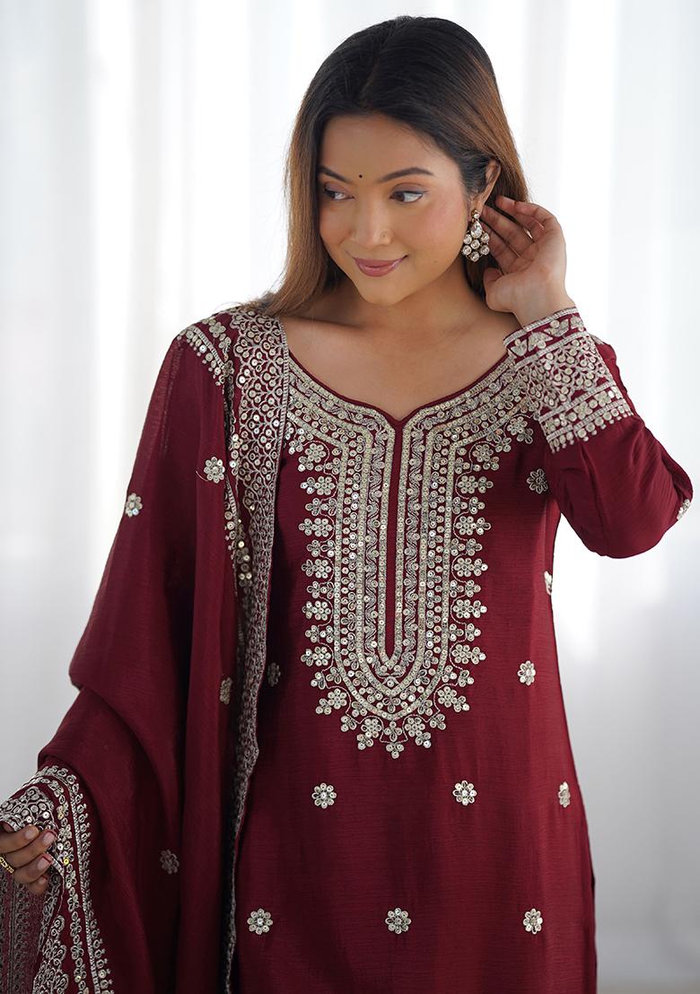 Maroon Embroidered Silk Sharara Set
