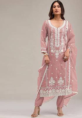 Peach Embroidered Cotton Salwar Kameez