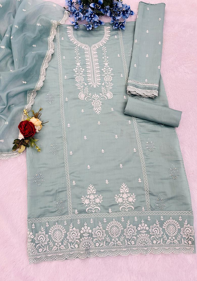 Green Embroidered Cotton Salwar Kameez
