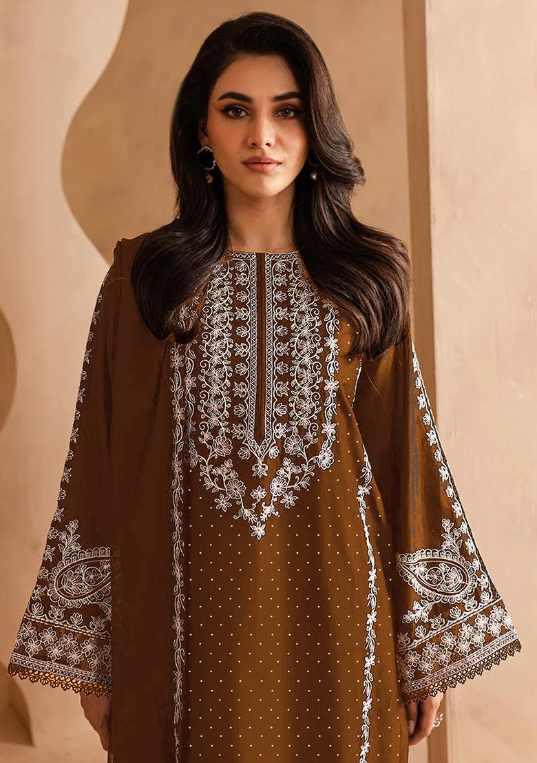 Brown Embroidered Georgette Salwar Kameez