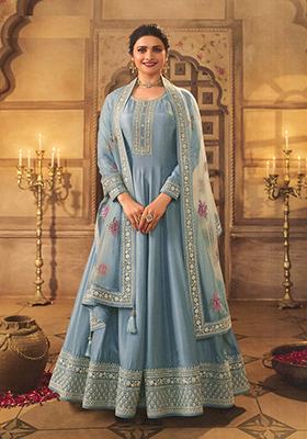 Sky Blue Embroidered Silk Anarkali set