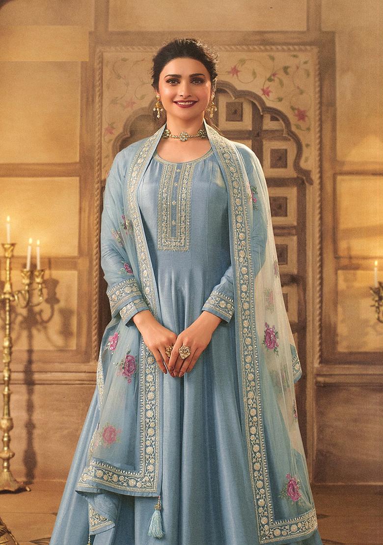 Sky Blue Embroidered Silk Anarkali set