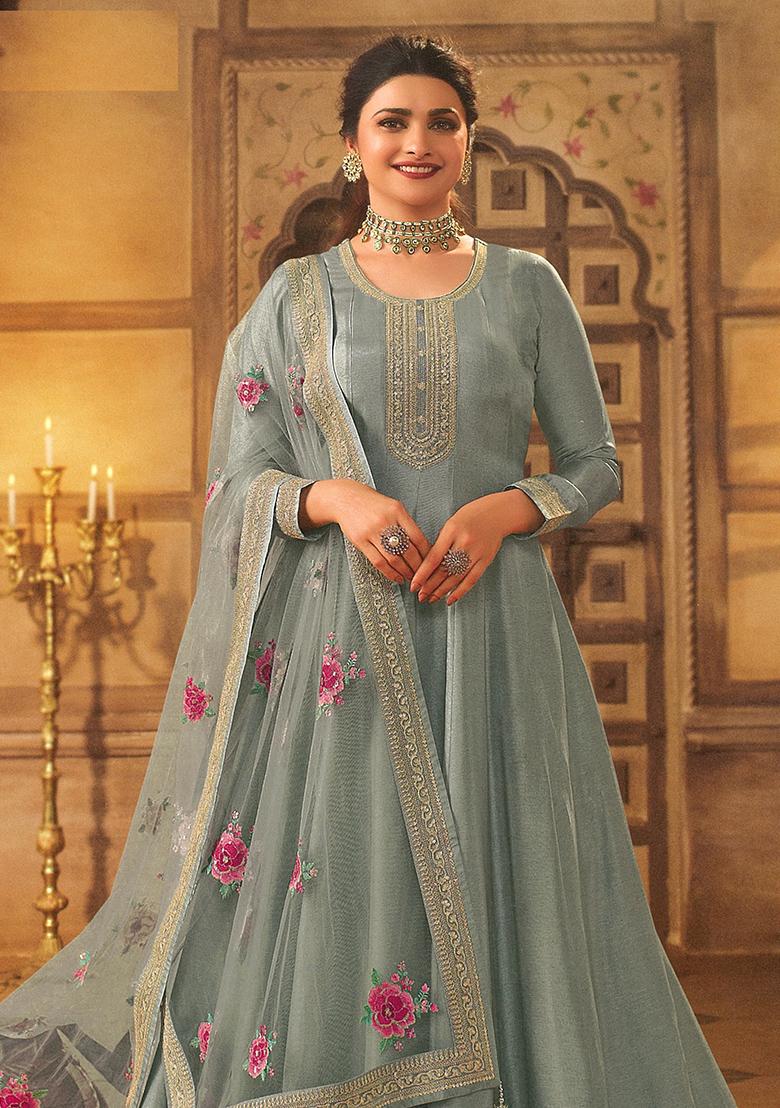 Grey Embroidered Silk Anarkali set
