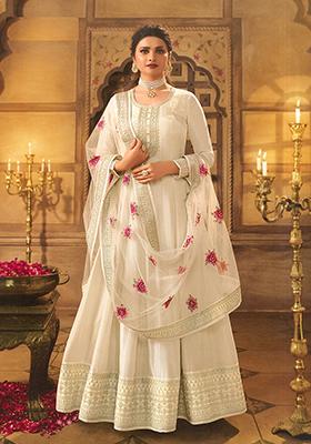 Cream Embroidered Silk Anarkali set