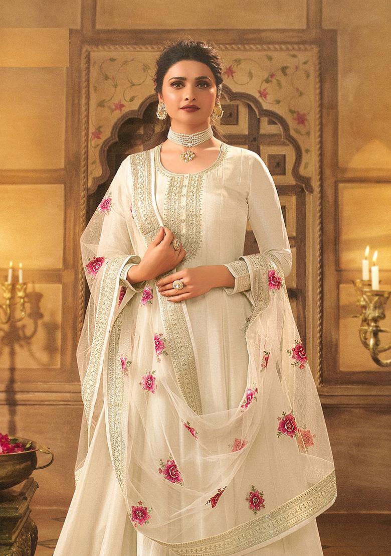 Cream Embroidered Silk Anarkali set