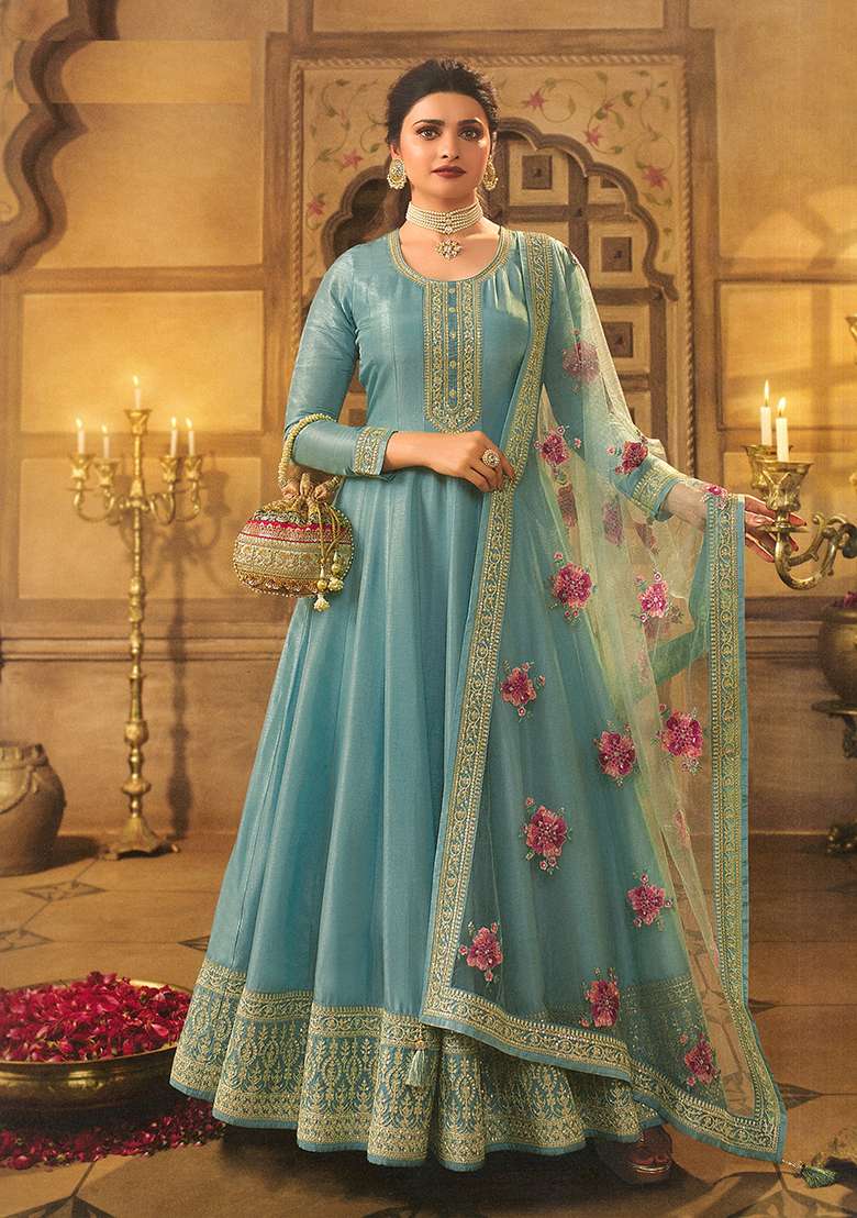 Mint Green Embroidered Silk Anarkali With Dupatta - Indya