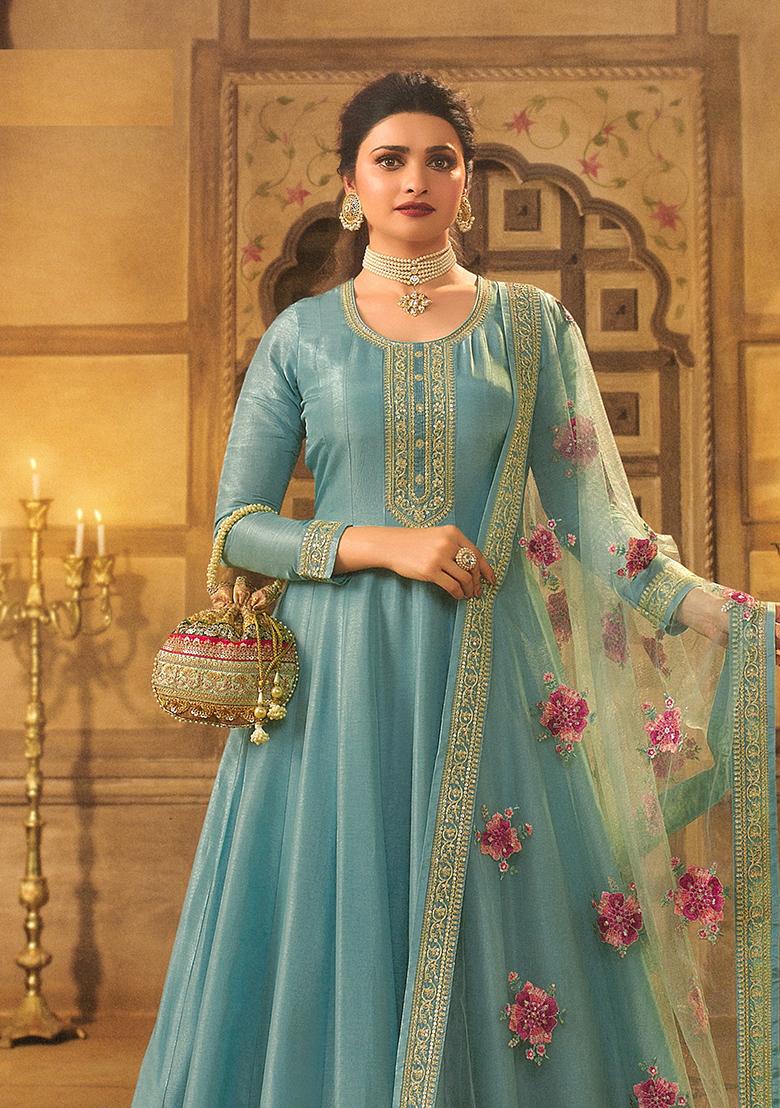 Mint Green Embroidered Silk Anarkali set