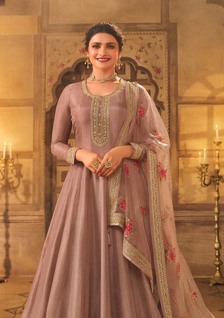 Mauve Embroidered Silk Anarkali set