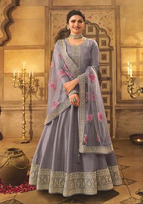 Purple Embroidered Silk Anarkali set