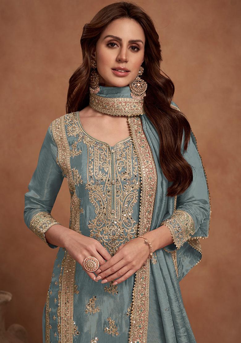 Grey Embroidered Poly Blend Salwar Kameez
