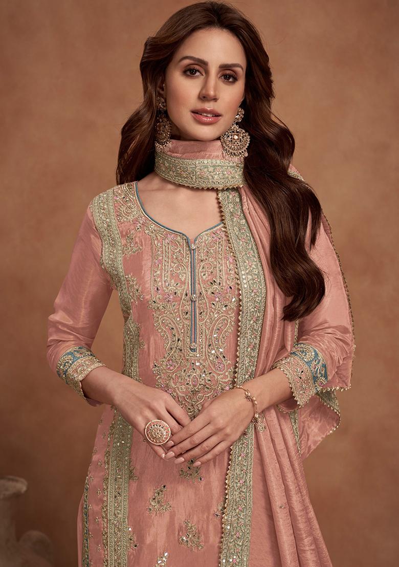 Orange Embroidered Poly Blend Salwar Kameez