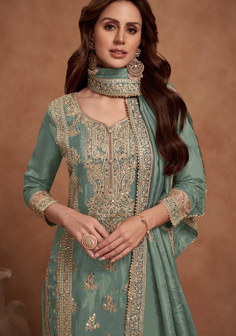 Green Embroidered Poly Blend Salwar Kameez