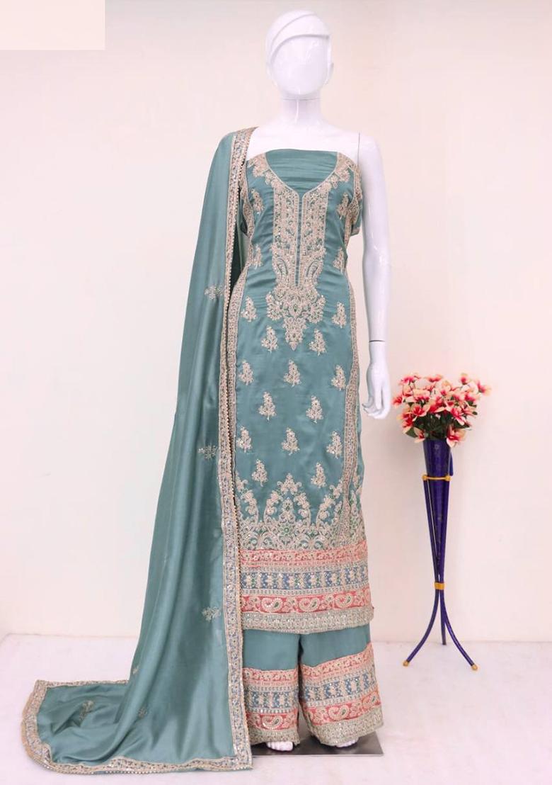 Buy Women Green Embroidered Poly Blend Salwar Kameez