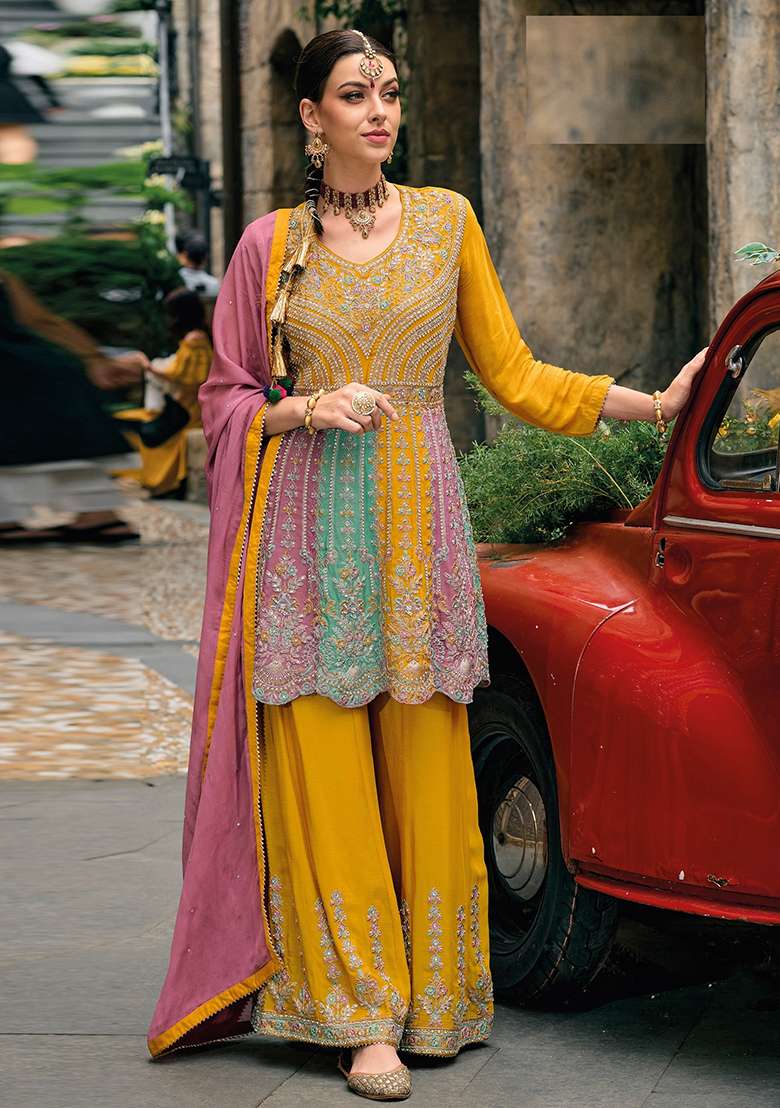 Yellow Embroidered Chinon Sharara Set - Indya