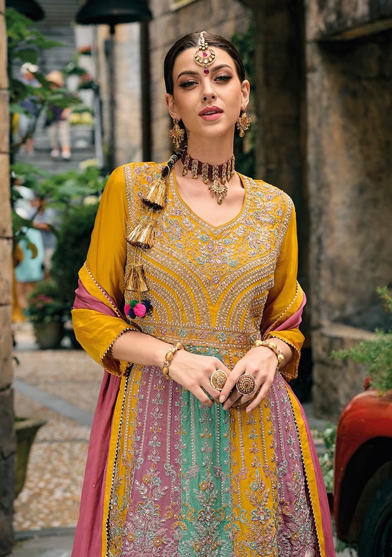 Yellow Embroidered Chinnon Salwar Kameez