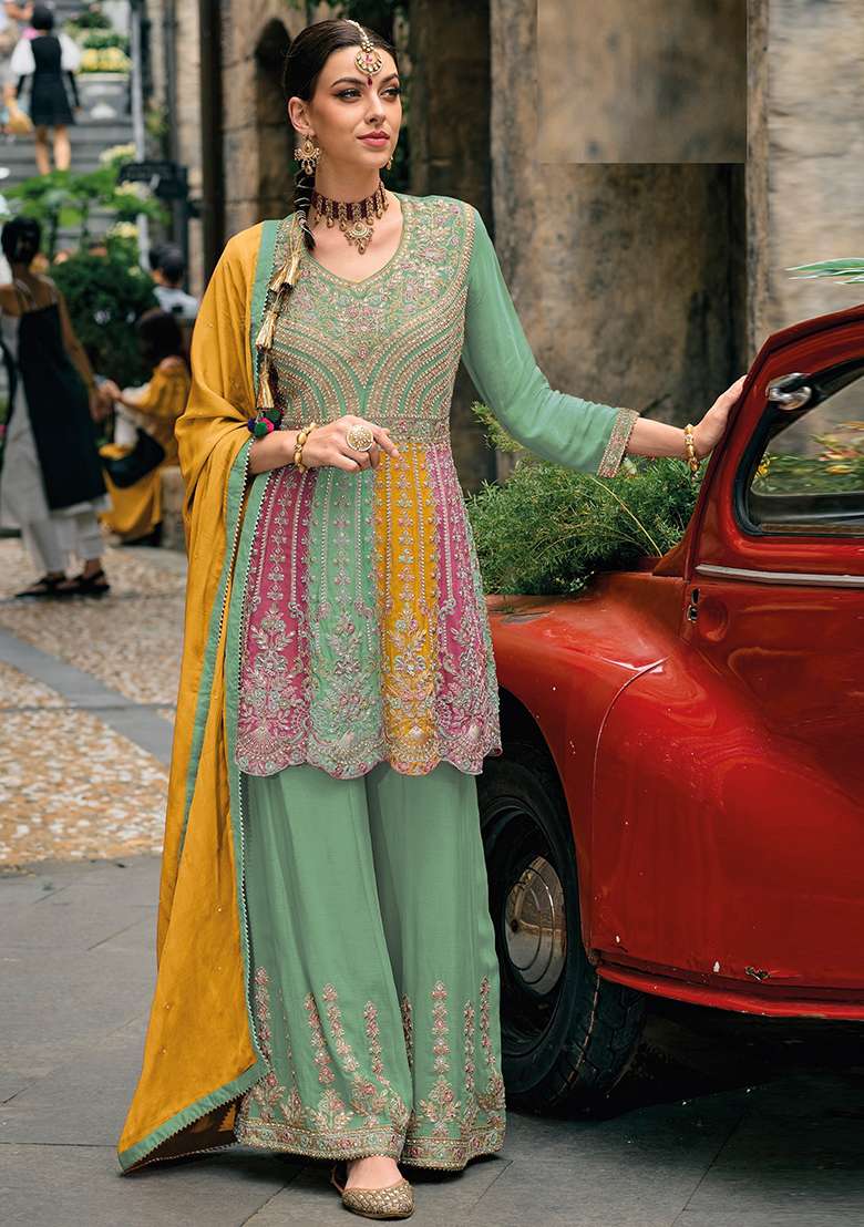 Green Embroidered Chinon Sharara Set - Indya